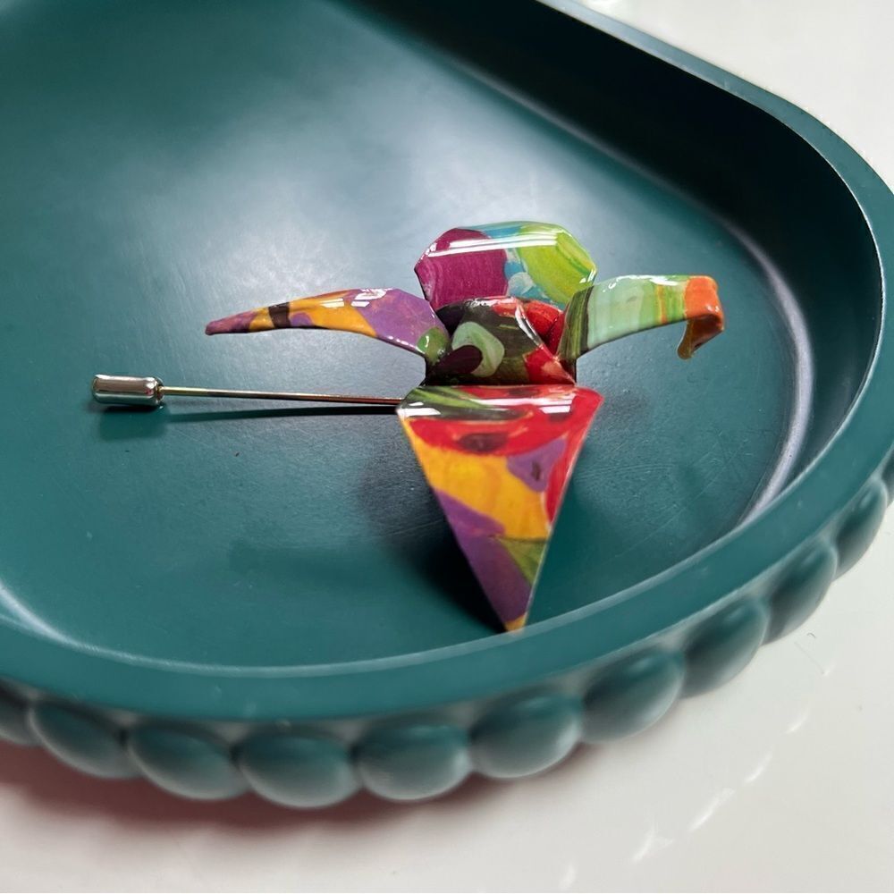 Funky Whimsical Handmade Glossy Rainbow Paper Crane Stick Pin Brooch